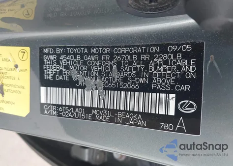 2006 Lexus Es 330 из США, поврежденный, VIN JTHBA30G065152066